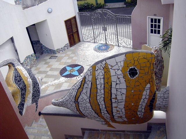 Katarma courtyard with mosaic fish balustrade