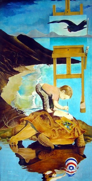 Child painting on a giant Galápagos tortoise with frigatebird