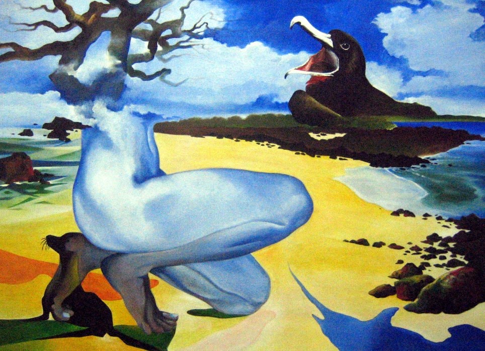 Surrealist painting of blue figure on Galápagos beach with sea lion